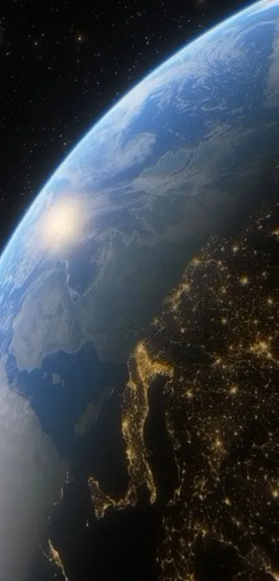 Stunning wallpaper of Earth from space with glowing city lights.