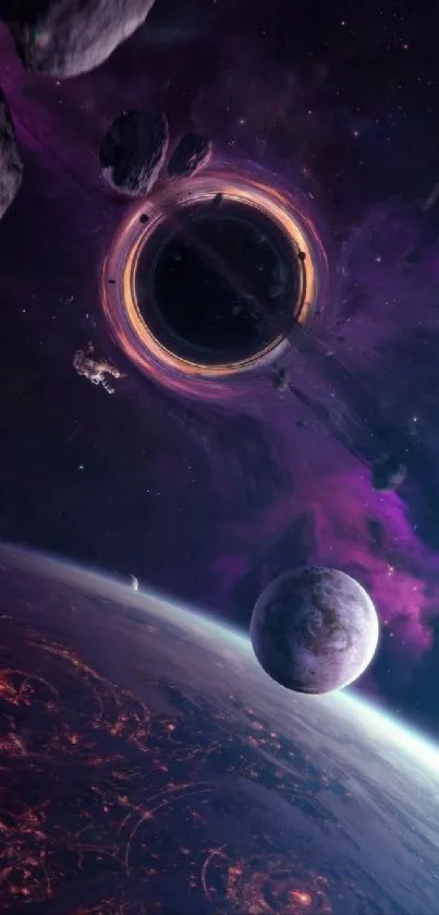 Purple cosmic space wallpaper with planets and asteroids.