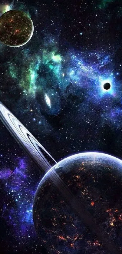 Cosmic space wallpaper with planets and stars.