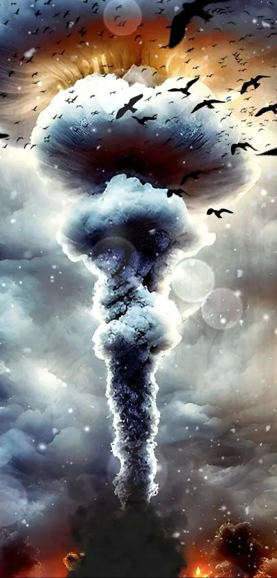 Explosive mushroom cloud over fiery landscape.