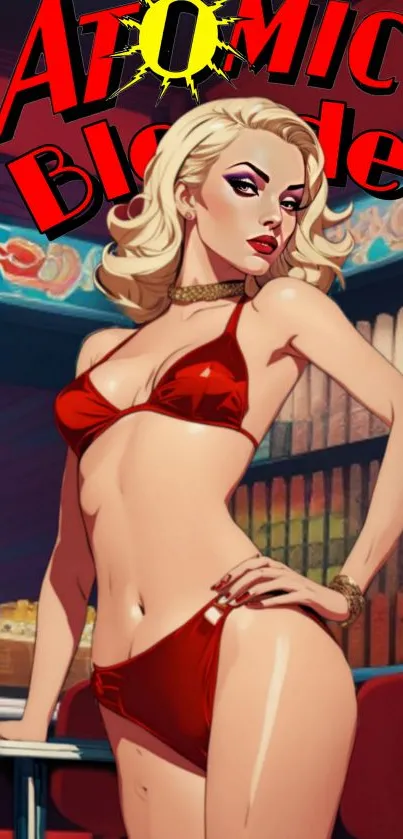 Artistic retro Atomic Blonde illustration in vibrant red tones.