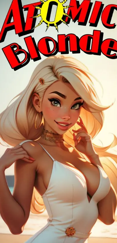 Blonde girl enjoying a sunny beach day in stylish art design.