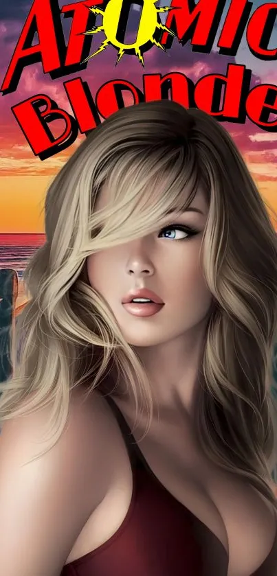 Atomic Blonde with sunset beach backdrop, vivid colors.