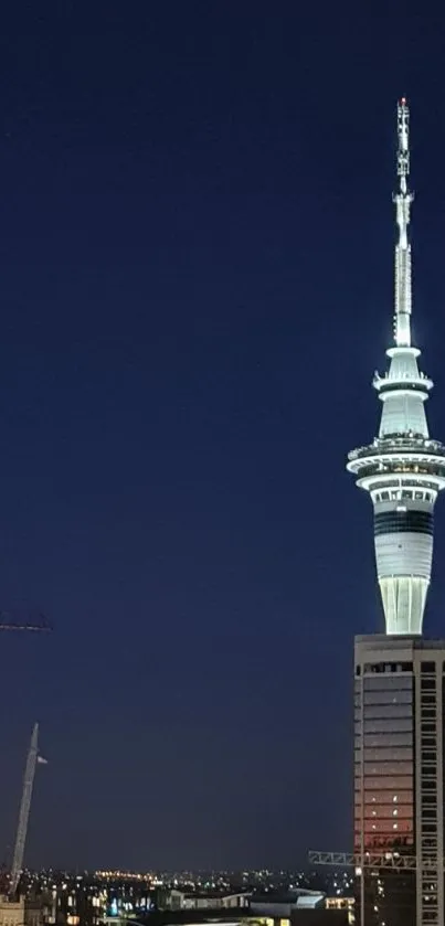 Auckland Sky Tower glowing against a dark night sky with cityscape below.