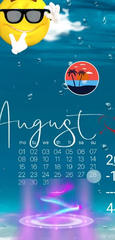 Vibrant August calendar wallpaper with emoji and tropical theme.