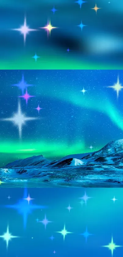 Bluish-green Aurora Borealis with stars and snowy mountains.