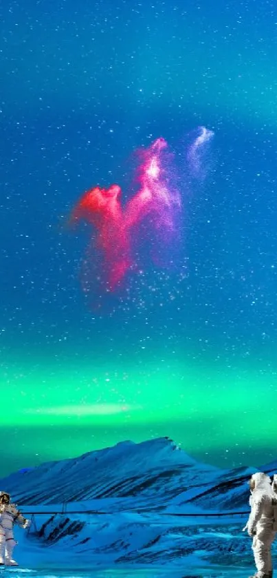 Astronauts exploring under vivid aurora borealis.
