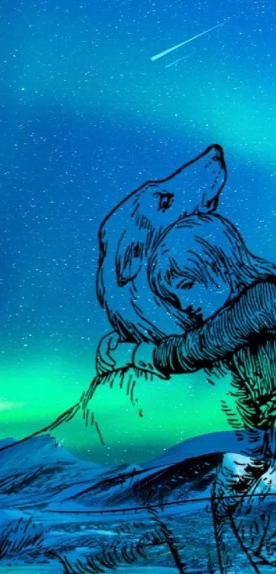 Illustrated bear spirit under Northern Lights.