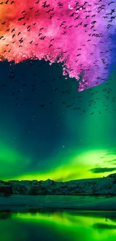 Colorful aurora borealis with flying birds in a scenic night sky.