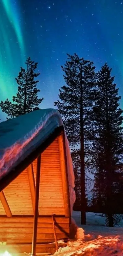 Cozy cabin under the aurora borealis with starry night sky.