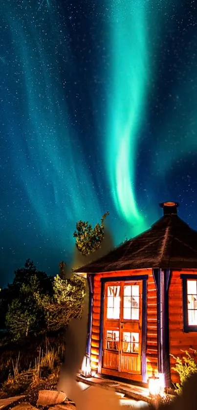 Northern Lights above a cozy cabin at night with starry sky.