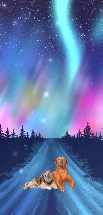 Northern lights with two dogs on a forest road.