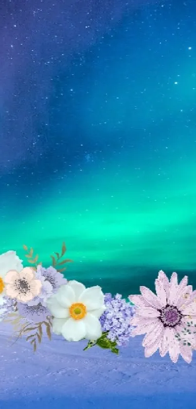 Aurora Borealis with floral overlay on snowy landscape wallpaper.