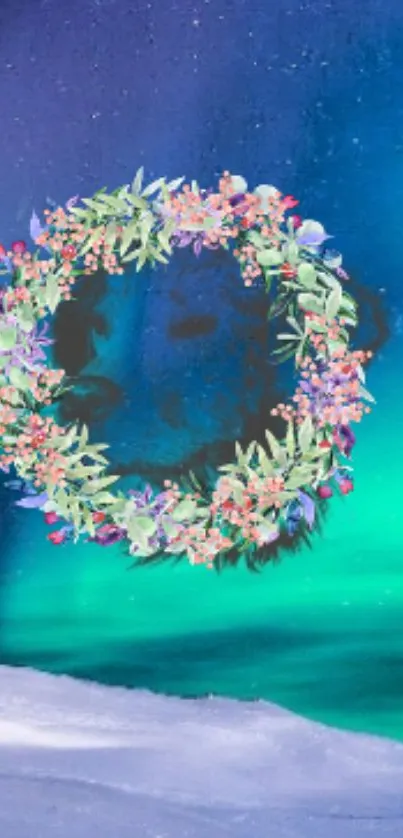 Whimsical floral wreath with Aurora Borealis backdrop, featuring vibrant blues and greens.