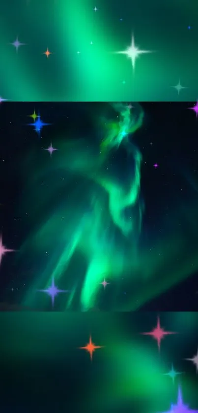 Aurora borealis and stars wallpaper with green hues and cosmic night sky.