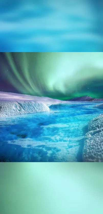 Northern lights over icy landscape with vibrant aurora and tranquil blue hues.