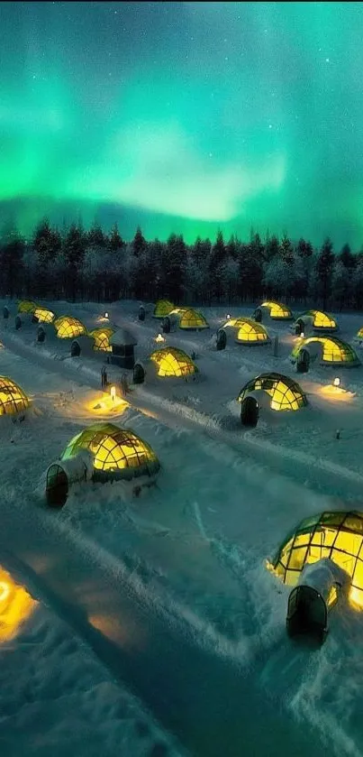 Glowing igloos beneath vibrant aurora borealis in snowy landscape.