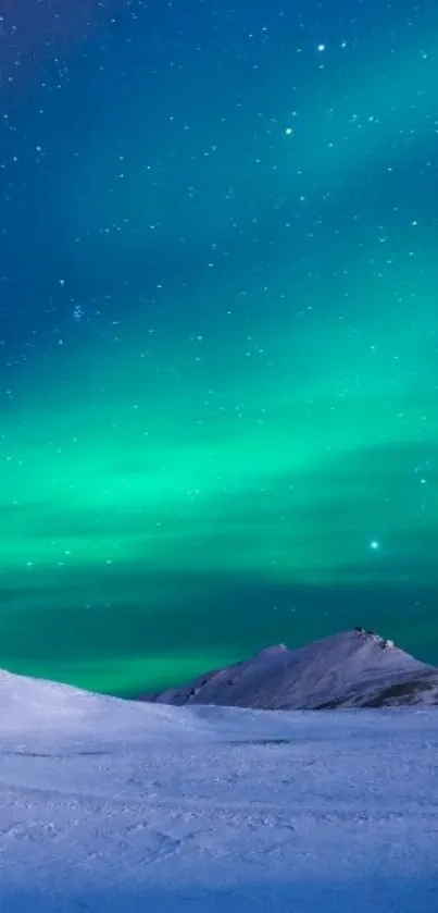 Teal aurora borealis over snowy mountains.