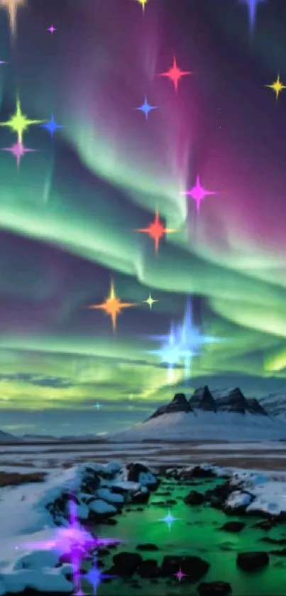 Aurora Borealis lights up snowy mountain landscape with vibrant colors.