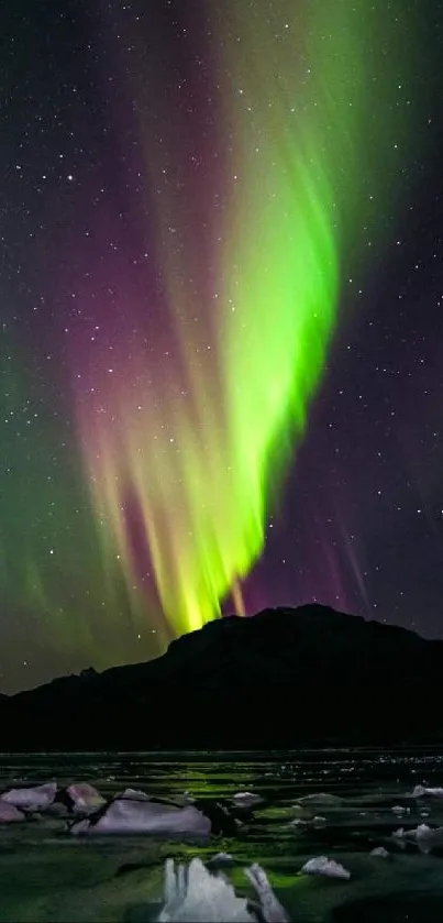 Mobile wallpaper featuring the Aurora Borealis over a mountainous icy landscape.