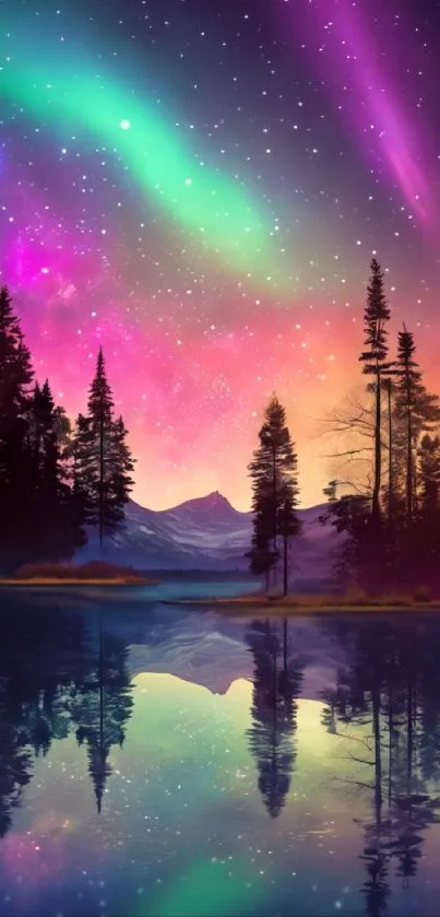 Colorful aurora borealis over a tranquil forest lake with starry sky.