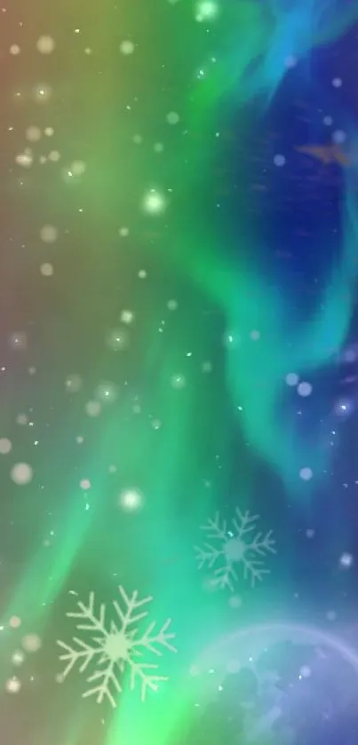 Mobile wallpaper with aurora borealis in green and blue hues.