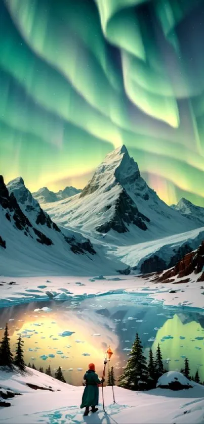 Aurora borealis over snowy mountains under a vibrant night sky.