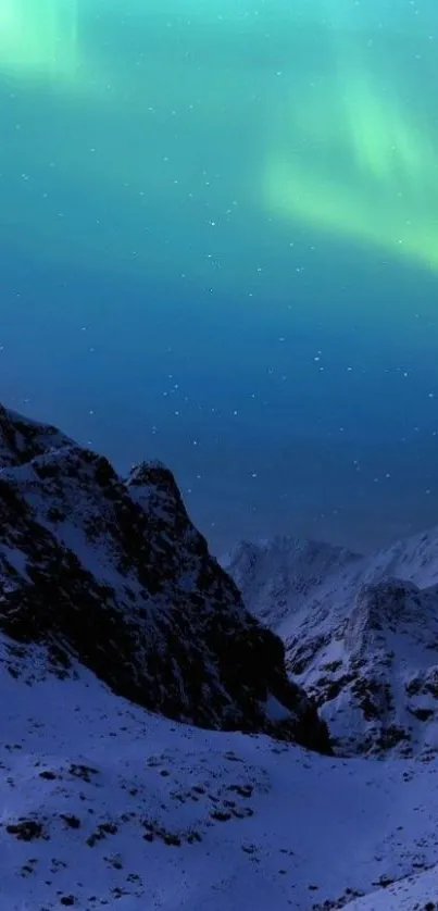 Aurora Borealis over snowy mountain landscape at night.