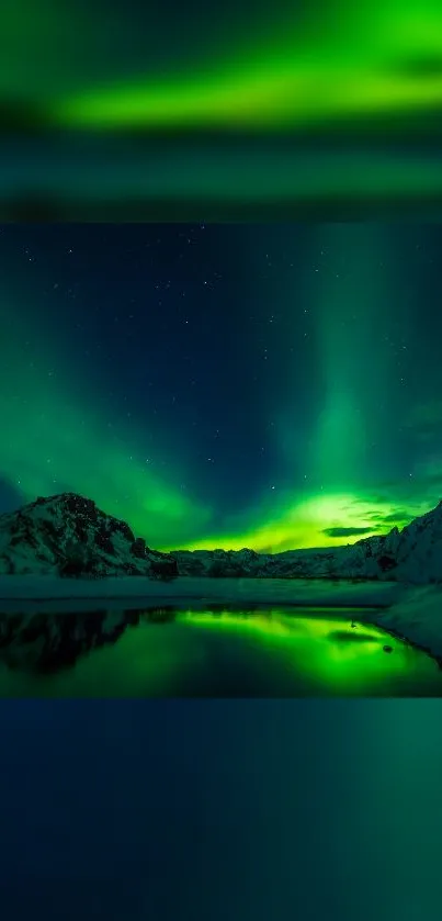 Vibrant aurora borealis over snowy mountains and water at night.