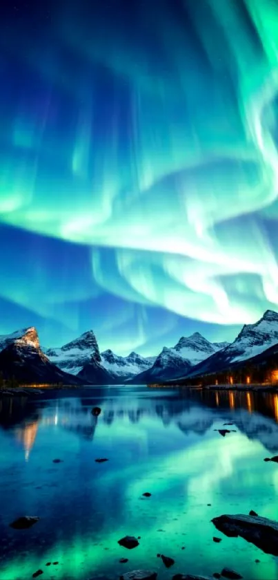 Breathtaking aurora borealis over mountain landscape with reflecting lake.