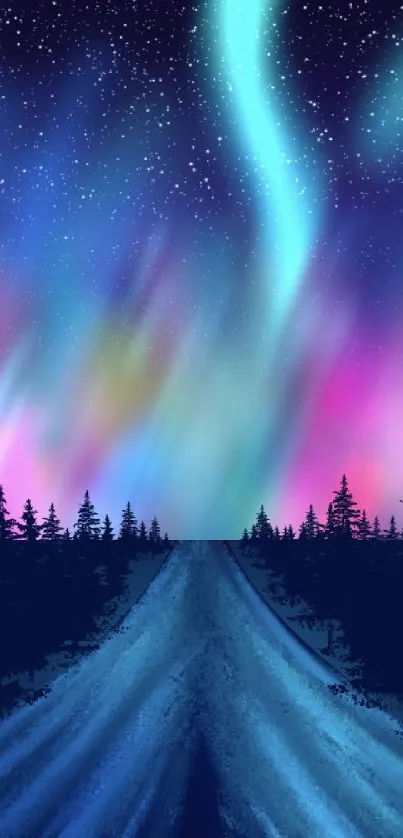 Aurora borealis over forest road at night.