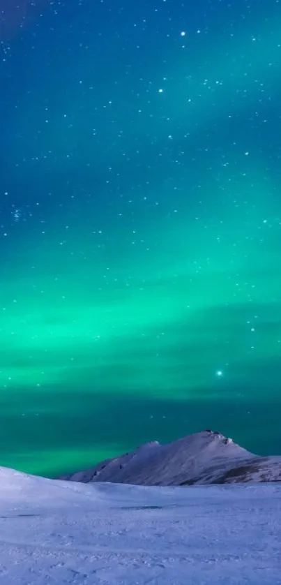 Aurora Borealis over snow-capped mountains under a starry night sky.