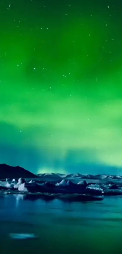 Aurora Borealis over icy landscape with a vibrant green sky.