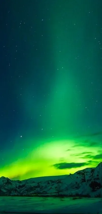 Vibrant emerald northern lights over snow-capped mountains at night.