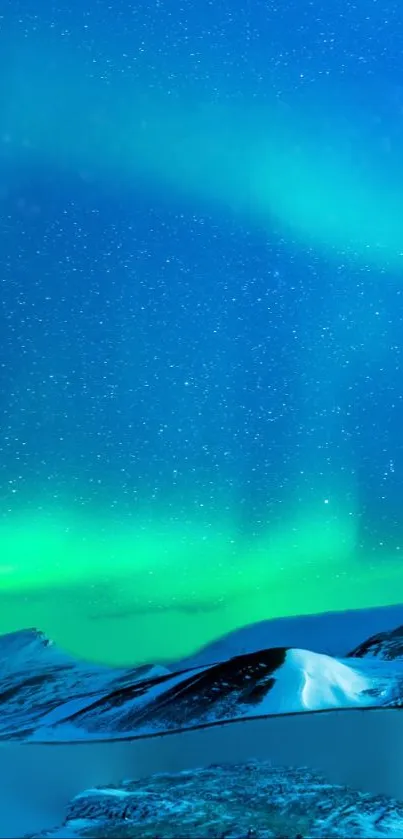 Aurora Borealis over snowy mountains with starry night sky.