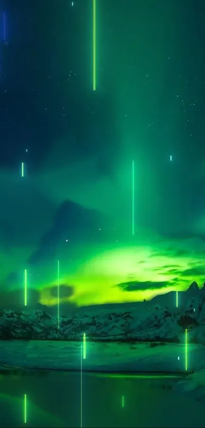 Aurora Borealis over snowy landscape with green night sky.