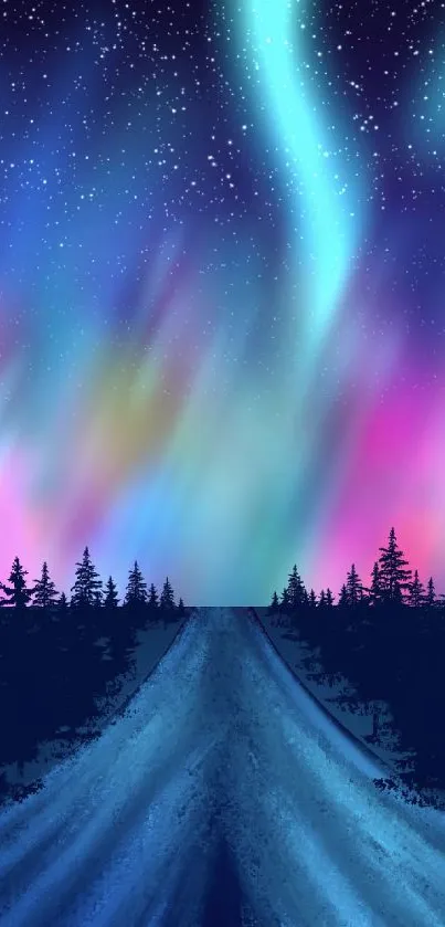 Colorful Northern Lights in a starry sky over a dark forest and path.