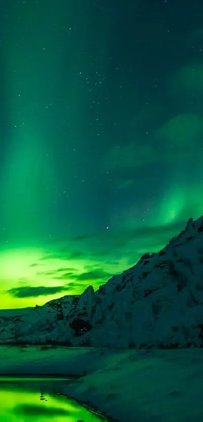 Stunning view of aurora over snowy mountains, reflecting in icy waters.