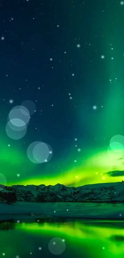 Mobile wallpaper with green aurora borealis over snowy mountains at night.