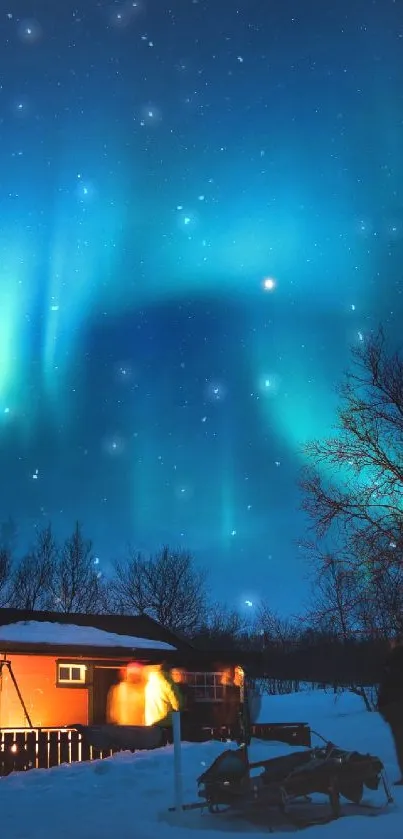 Northern lights over a snowy cabin under a starry night sky.