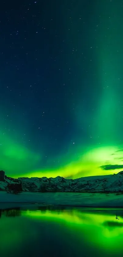 Green Aurora Borealis lights up the starry night sky above icy mountains.