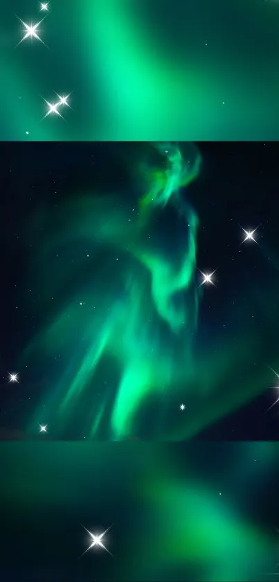 Bright green aurora in a starry night sky wallpaper.