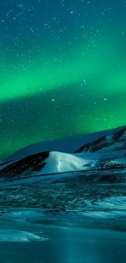 Vibrant Aurora Borealis over snowy landscape under a starry night sky.