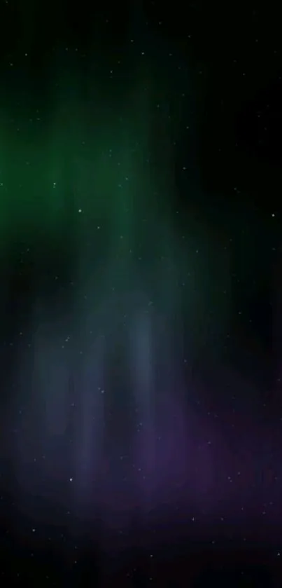 Vibrant aurora borealis night sky wallpaper with green and purple hues.