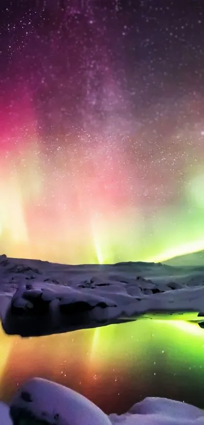 Vibrant aurora over a snowy night landscape reflecting in water.