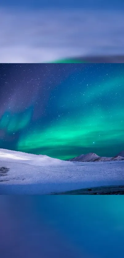 Cyan-hued Aurora Borealis over snowy mountains under a starry night sky.