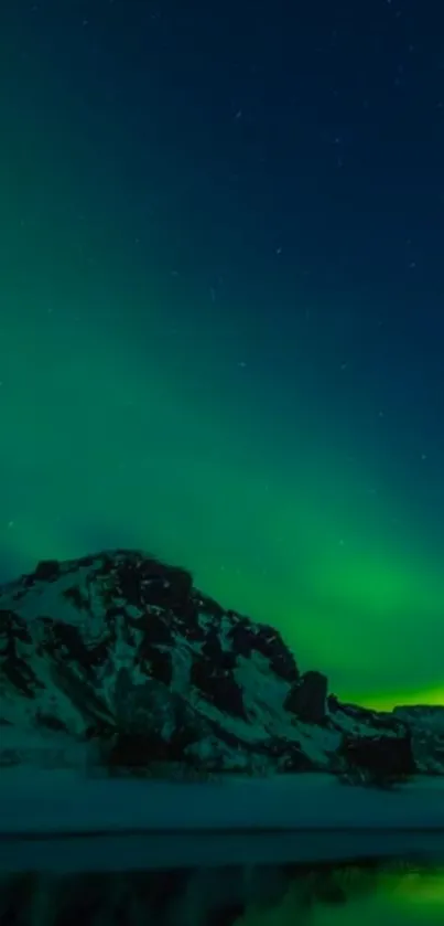 Aurora borealis over a snowy mountain night scene.