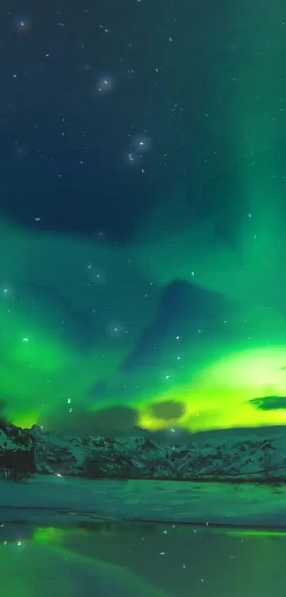 Mobile wallpaper of aurora borealis with a green night sky.