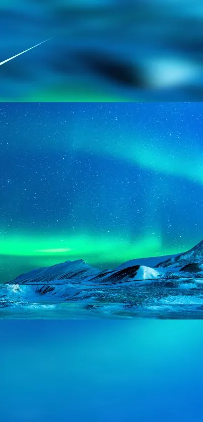 Aurora Borealis over snowy mountains with vibrant night sky.