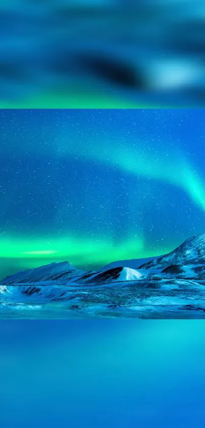 Aurora Borealis landscape with night sky and icy mountains.